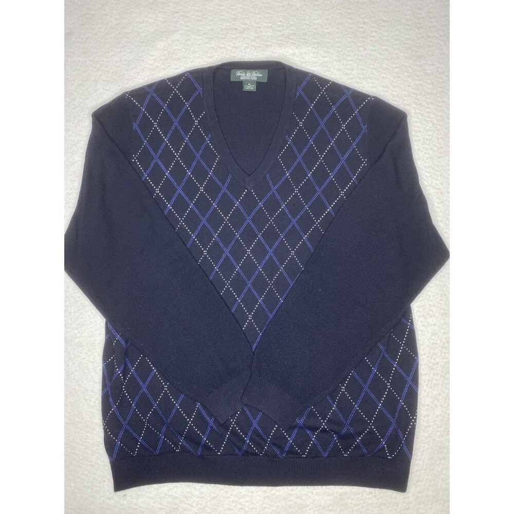 Brooks Brothers Sweater Mens XLarge Blue Argyle V Neck Country Club Wool Preppy
